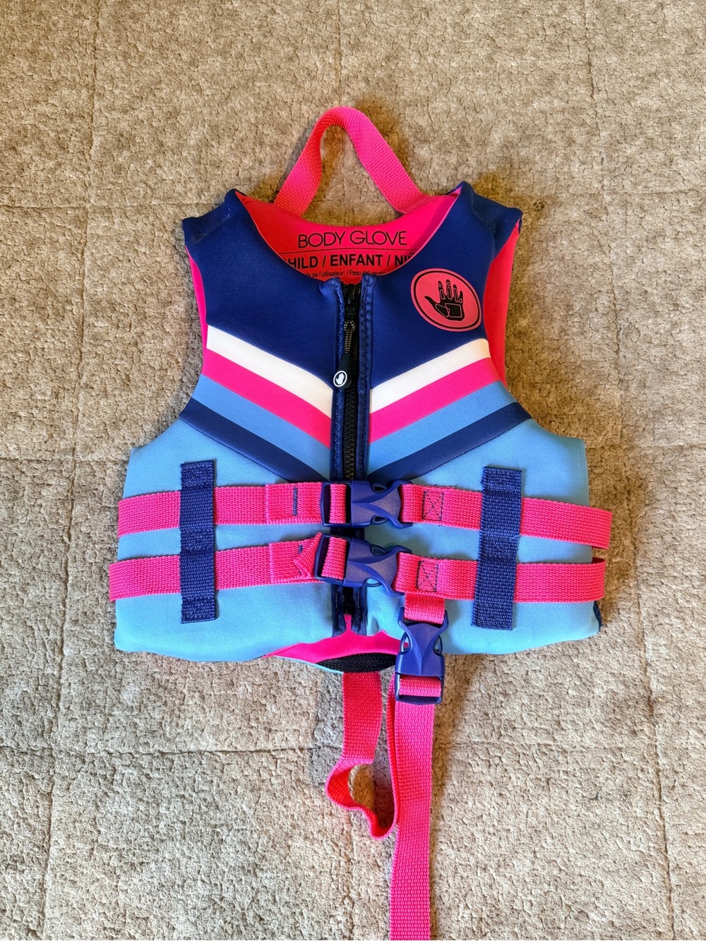 Kids Body Glove Pink, Navy & Light Blue Swim/Life Vest.
